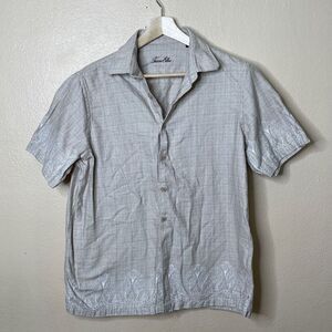 Tasso Elba Shirt Mens Large Beige Button Up Short Sleeve Plaid Casual